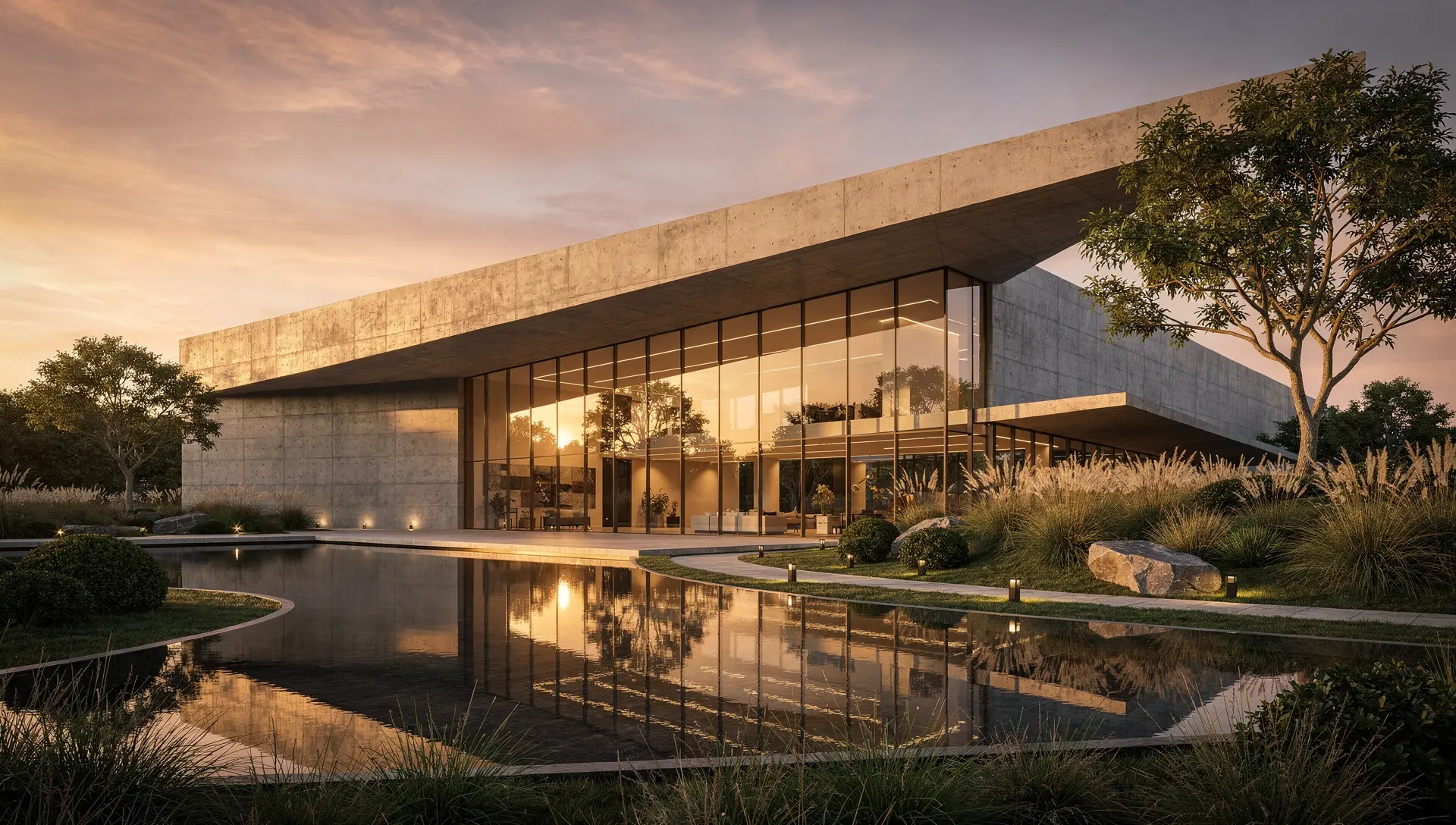 Zeitgenössisches Gebäude aus Beton und Glas bei Sonnenuntergang — STRUKTUR Architekten