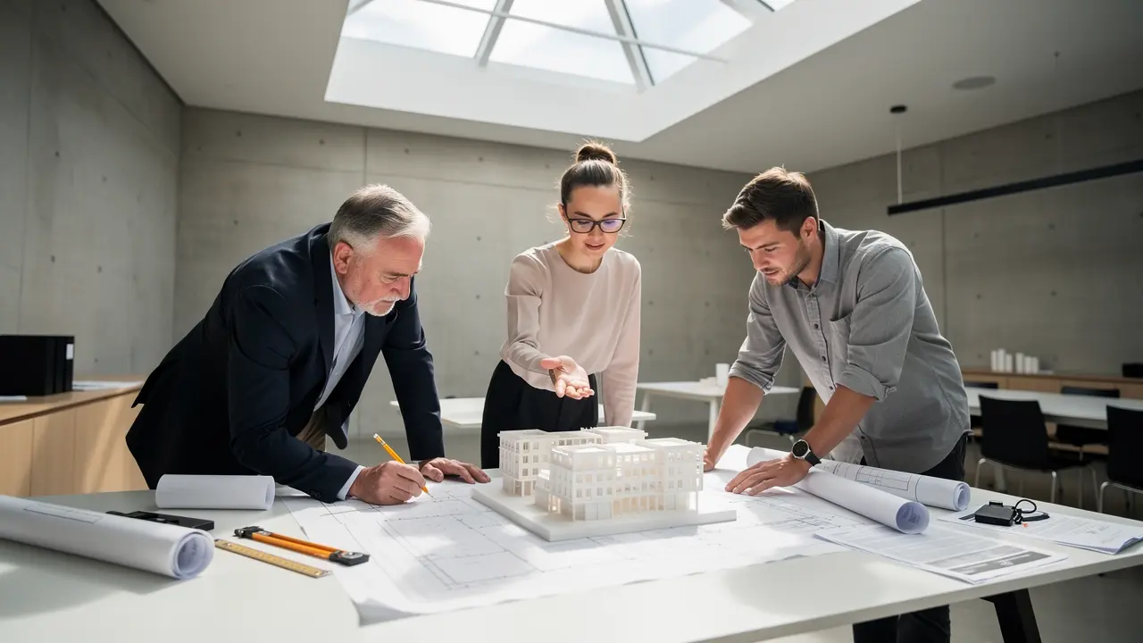 Architektenteam von STRUKTUR beim Besprechen von Bauplänen im Studio